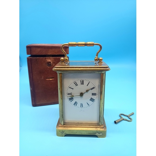 408B - An Antique French Carriage Clock with Leather Case and Key - Running - stamped