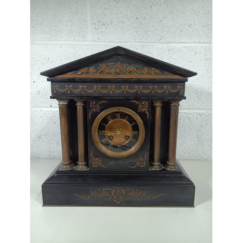 416 - A Large Victorian Black Slate and Gilt Metal Mantle Clock , Architectural Case with Corinthiun Colum... 