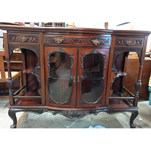 888 - Antique Display Cabinet with Glass Doors, Brass and Carved Detailing with Balcony Corners 106cm x 13... 