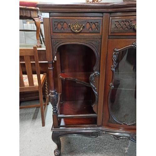 888 - Antique Display Cabinet with Glass Doors, Brass and Carved Detailing with Balcony Corners 106cm x 13... 