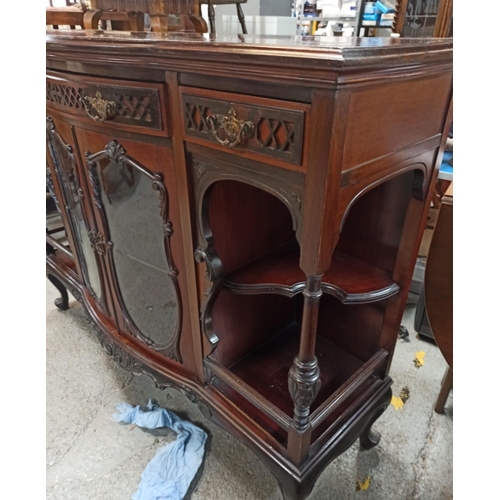 888 - Antique Display Cabinet with Glass Doors, Brass and Carved Detailing with Balcony Corners 106cm x 13... 