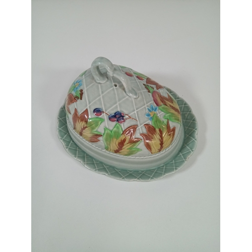 443 - A Clarice Cliff Newport Pottery Cheese Dish and Cover  - Green Glazed and Relief Moulded with Leaves... 