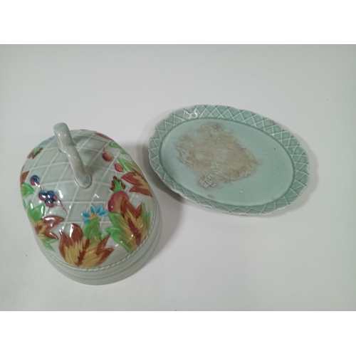 443 - A Clarice Cliff Newport Pottery Cheese Dish and Cover  - Green Glazed and Relief Moulded with Leaves... 