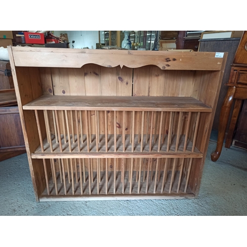 437 - Antique Pine Wall Hanging  Plate Rack with Shelf