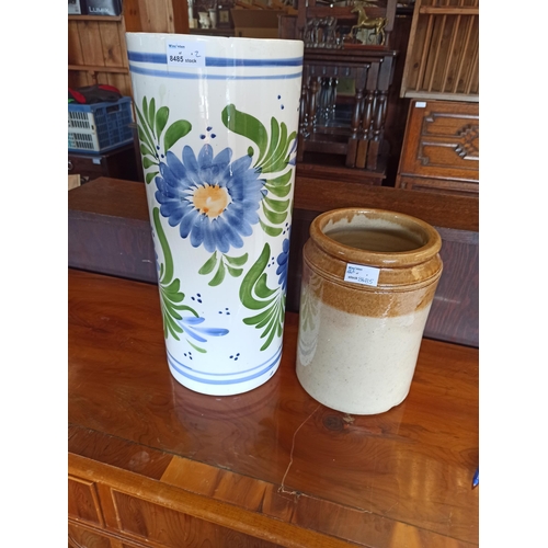 947 - A Pretty Blue Flowered Umbrella Stand and a Large Salt Glazed Pot