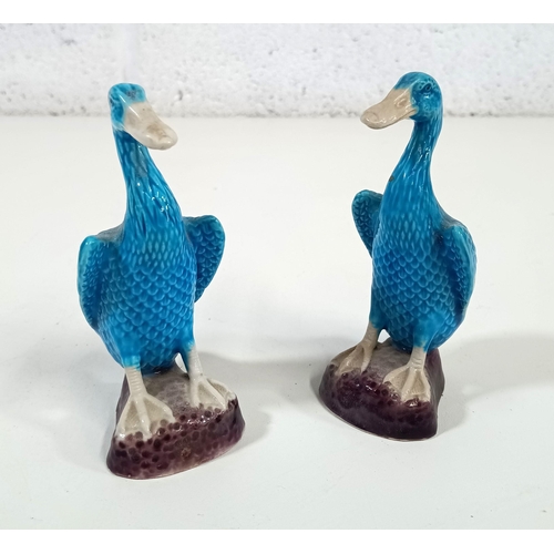 404 - A Pair of Chinese Antique Exportware Turquoise Blue Porcelain Ducks - 12cm Tall