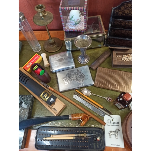 909 - Mixed Glory Box including Cigarette Cases , Candle Sticks, Cribbage Board, Letter Rack and Much More