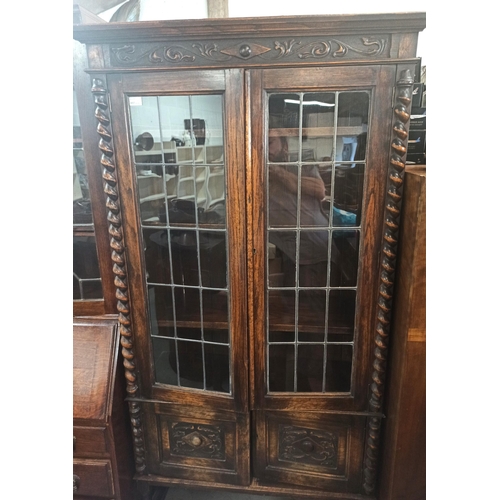 889 - Antique Elm Display Cabinet with Leaded Glass Doors, Ornately Carved with Barley Twist Legs and Fron... 