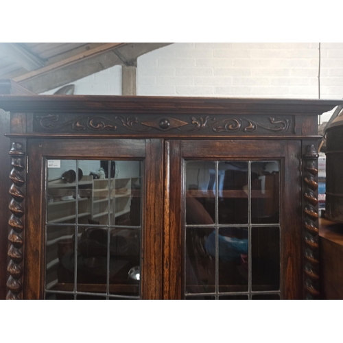 889 - Antique Elm Display Cabinet with Leaded Glass Doors, Ornately Carved with Barley Twist Legs and Fron... 