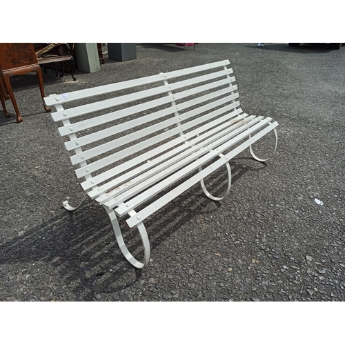 255 - White Painted Wood and Metal Garden Bench with Curved Leg Design 90cm H x 184cm L x 92cm D