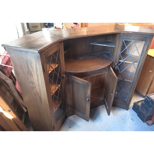 428 - Dark Wood Highly Carved Corner Bar Unit with Leaded Glass Curved Sides and Cupboard with Upper Shelf... 