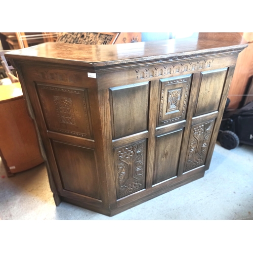 428 - Dark Wood Highly Carved Corner Bar Unit with Leaded Glass Curved Sides and Cupboard with Upper Shelf... 