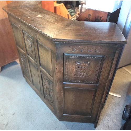 428 - Dark Wood Highly Carved Corner Bar Unit with Leaded Glass Curved Sides and Cupboard with Upper Shelf... 