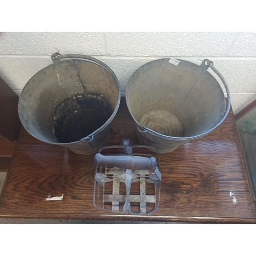 47 - 2 Galvanised Buckets and a Vintage Bottle Carrier