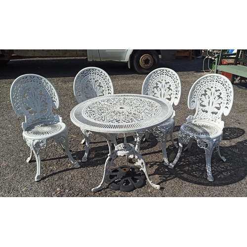 250 - White Cast iron Patio Table and 4 Chairs with Umbrella Stand