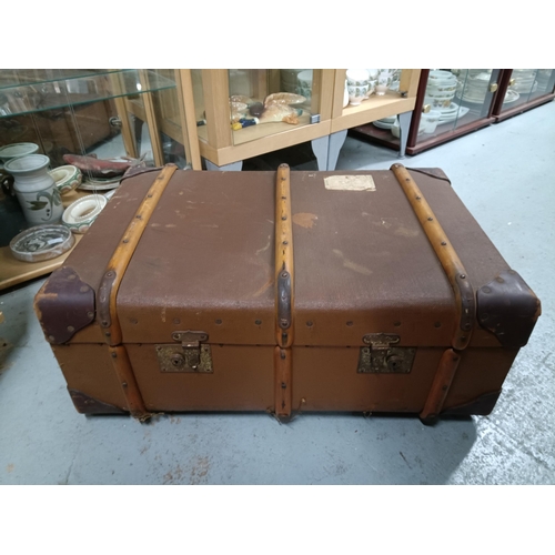 934 - A Vintage Leather and Wooden Bound Steamer Trunk 76cm x 55cm x 30cm