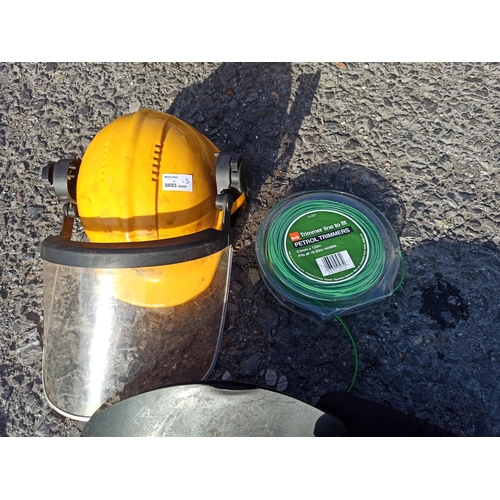 19 - JCB Hard Hat, Ear defenders and Visor, Stihl Strimmer Harness and Petrol Strimmer Cord