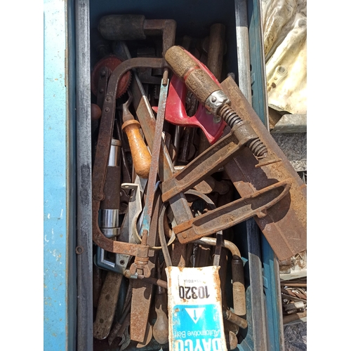 96 - Metal Toolbox and Contents including Saws, Clamps, Spanners, Wrenches, Hammers and Much More