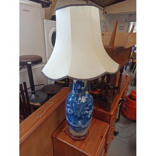 861 - Large Chinese Blue and White Vase Converted to a Lamp on Wooden Base 74cm to Top of Lamp, 107cm to T... 