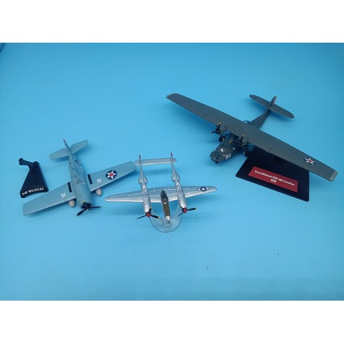 8439 - 3 x Die Cast Metal Models, PBY Catalina, F4F Wildcat, Lightening