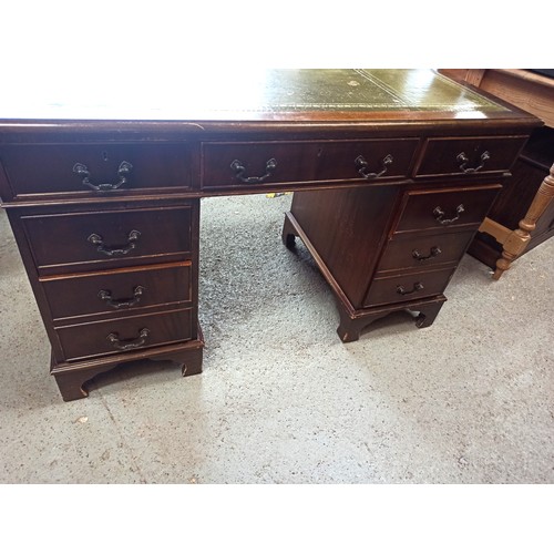 956 - Vintage Green Leather Topped Desk with 9 Drawers , Slight Wear to Leather and slightly sun-bleached ... 