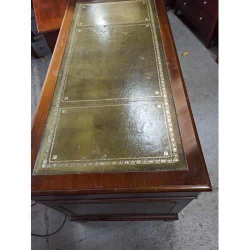 956 - Vintage Green Leather Topped Desk with 9 Drawers , Slight Wear to Leather and slightly sun-bleached ... 