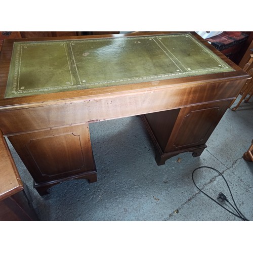 956 - Vintage Green Leather Topped Desk with 9 Drawers , Slight Wear to Leather and slightly sun-bleached ... 