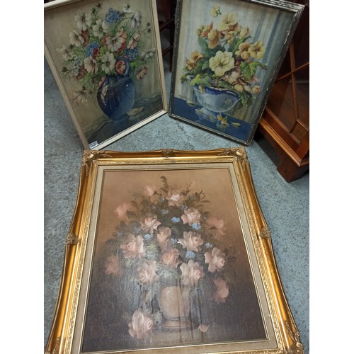 979 - 3 x Oils and Prints of Vases of Flowers