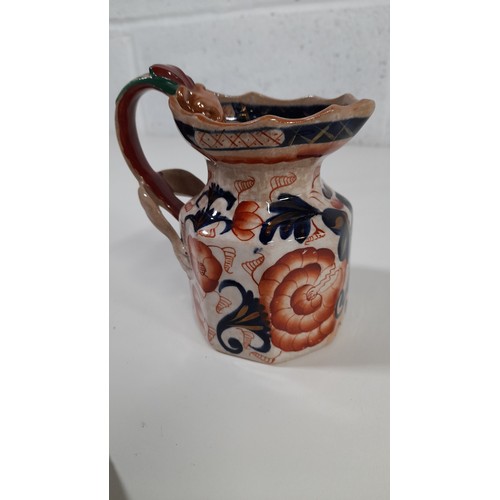 529 - Antique Victorian Gaudy Ironstone Bethesda Pattern Jug with Serpent Handle , Bottom Stamped Ironston... 