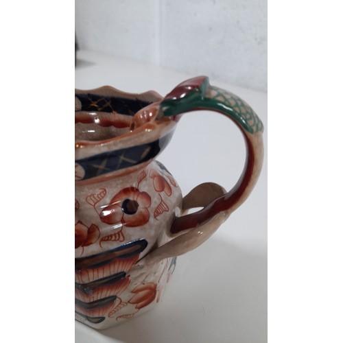 529 - Antique Victorian Gaudy Ironstone Bethesda Pattern Jug with Serpent Handle , Bottom Stamped Ironston... 