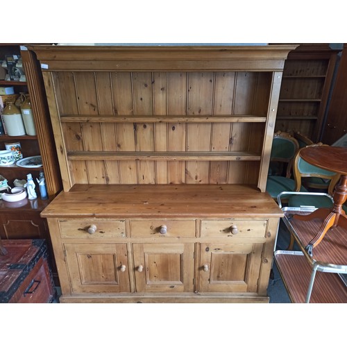 994 - Pine Dresser 3 Door, 3 Drawer Unit with 2 x Top Shelves 171cm H x 155cm W x 48cm D