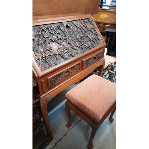 431 - Vintage Carved Writing Bureau with Chinese Designs 108ccm x 95m x 51cm and Matching Stool