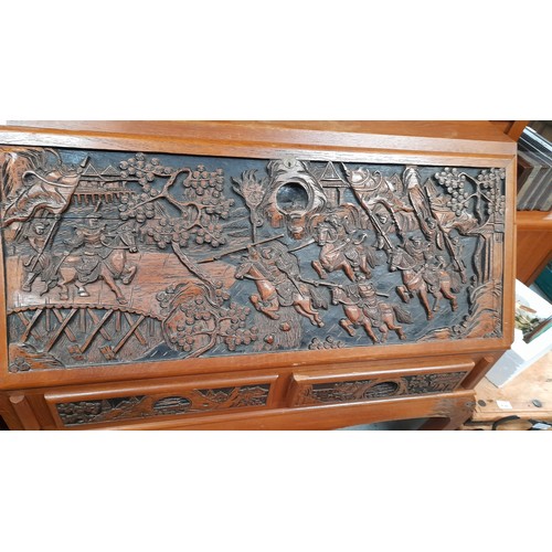 431 - Vintage Carved Writing Bureau with Chinese Designs 108ccm x 95m x 51cm and Matching Stool