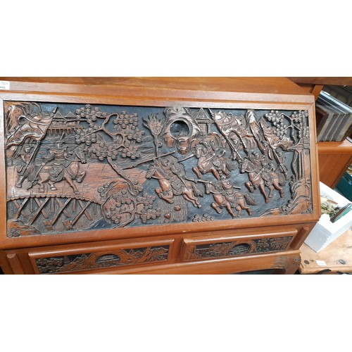 431 - Vintage Carved Writing Bureau with Chinese Designs 108ccm x 95m x 51cm and Matching Stool