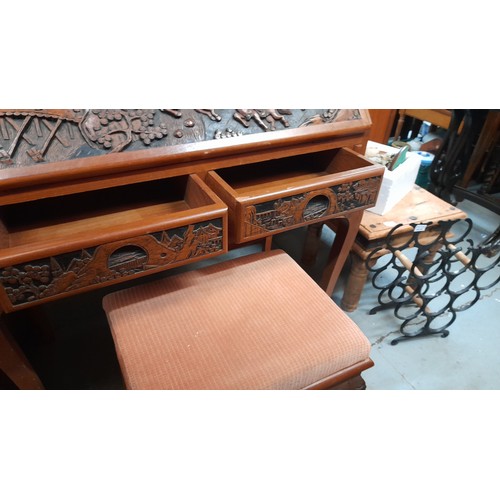 431 - Vintage Carved Writing Bureau with Chinese Designs 108ccm x 95m x 51cm and Matching Stool