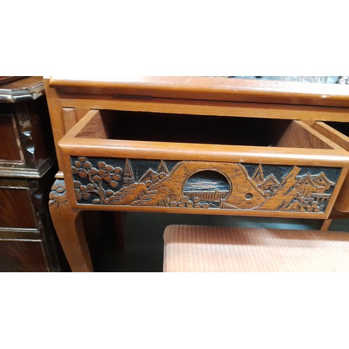 431 - Vintage Carved Writing Bureau with Chinese Designs 108ccm x 95m x 51cm and Matching Stool