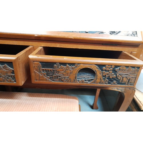 431 - Vintage Carved Writing Bureau with Chinese Designs 108ccm x 95m x 51cm and Matching Stool