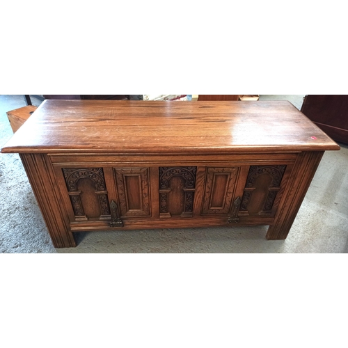 370 - Light Oak Coffer with Carved Panelling 52cm H x 115cm W x 45cm D