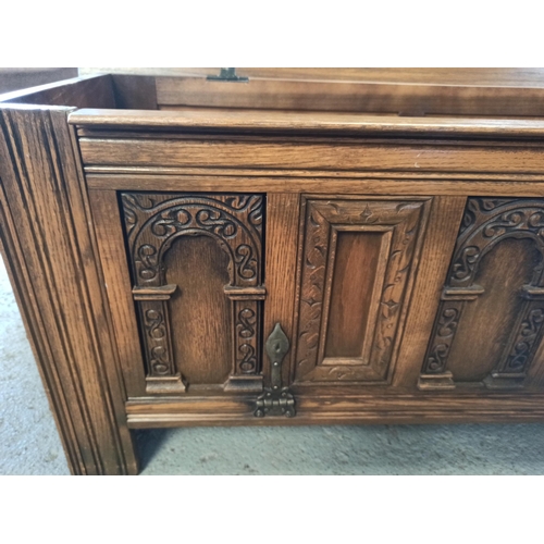 370 - Light Oak Coffer with Carved Panelling 52cm H x 115cm W x 45cm D