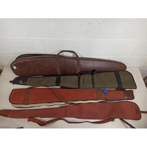 345 - 4 x Gun Cases, 1 Leather with Padding, 2 x Canvas with Fur Lining and a Canvas Sleeve