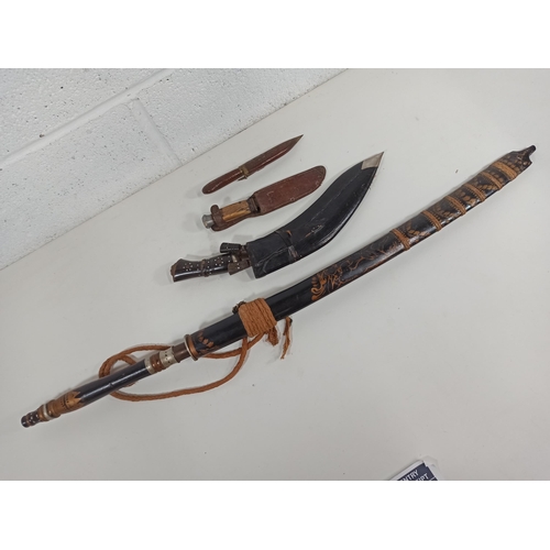 527 - Chinese Sword in Bamboo Scabbard, 1 Kukri, 1 x Bone Handled Knife in Leather Sheath and a Letter Ope... 