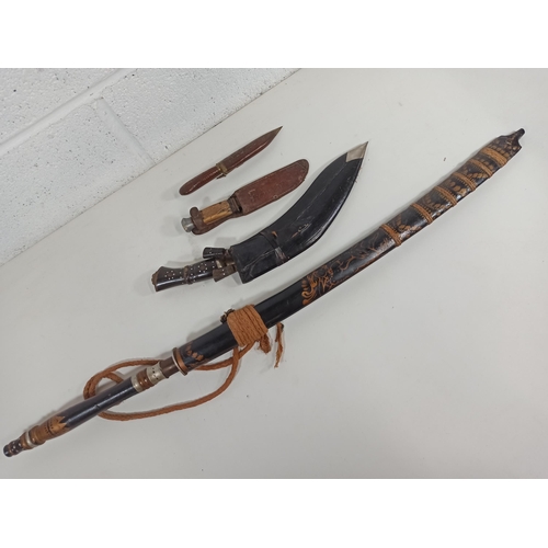 527 - Chinese Sword in Bamboo Scabbard, 1 Kukri, 1 x Bone Handled Knife in Leather Sheath and a Letter Ope... 