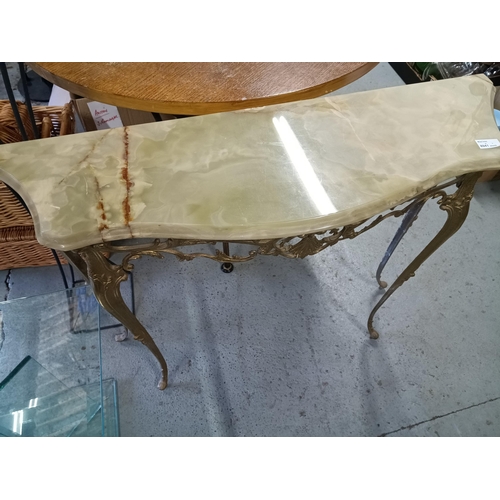 661 - An Onyx Topped Demi Lune Table on a Metal Frame 92 x 78 x 28cm