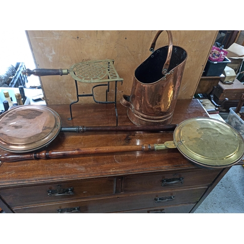 378 - Brass Coal Scuttle ( with coal !!) , 2 Bed Warming Pans and a Brass Trivet