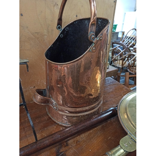 378 - Brass Coal Scuttle ( with coal !!) , 2 Bed Warming Pans and a Brass Trivet