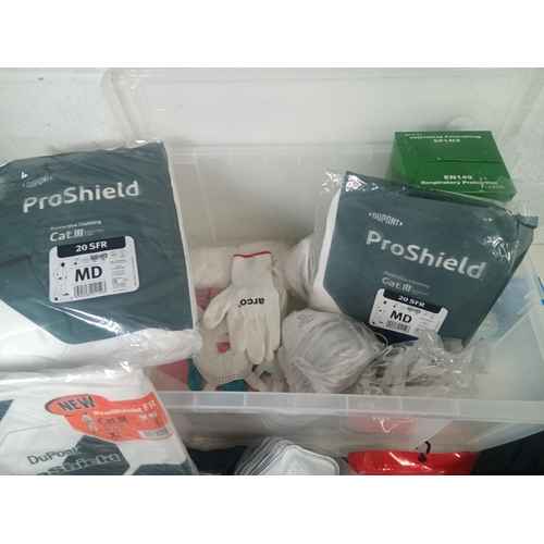 93 - A 70 Litre Plastic Storage Box of New and Unused Personal Protective Equipment - Masks , Protective ... 