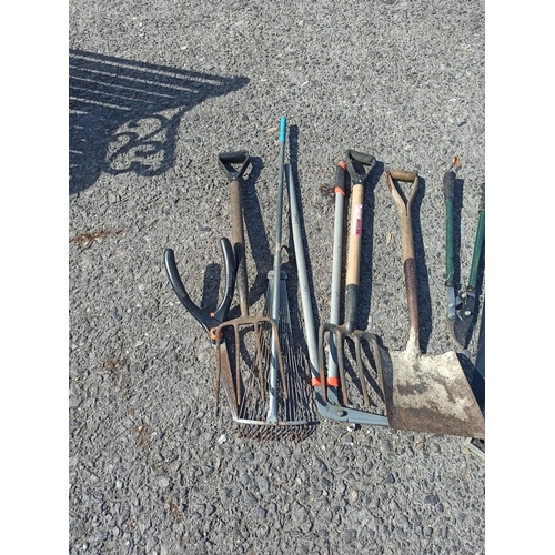 43 - Garden Tools including Shovel, Forks, Saw, Spirit Level, Rake edging, Shears, Loppers and More