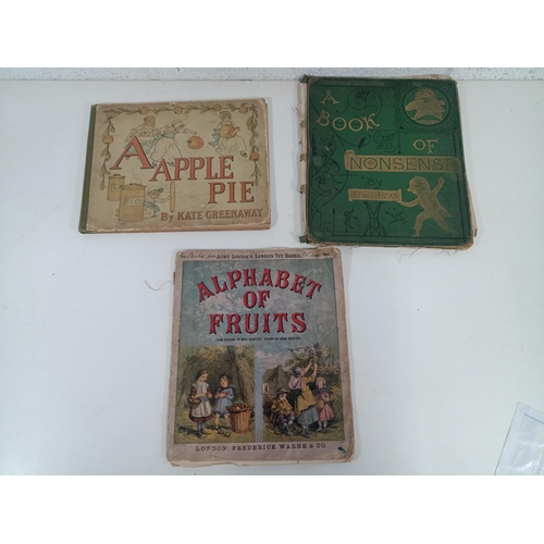 1012 - 3 x Antique Children's Books - Edward Lear Book of Nonsense, Alphabet of Fruits and A Apple Pie