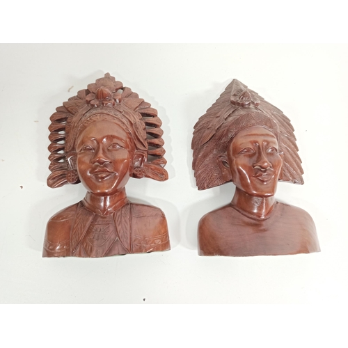 360 - Vintage Solid Wood Indonesian Head Sculptures x2