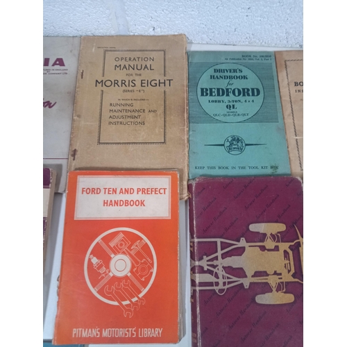 982 - A Box of Vintage Automobilia Handbooks, Service Books for Ford Consul, Bond Minicar, Bedford QL, Mor... 